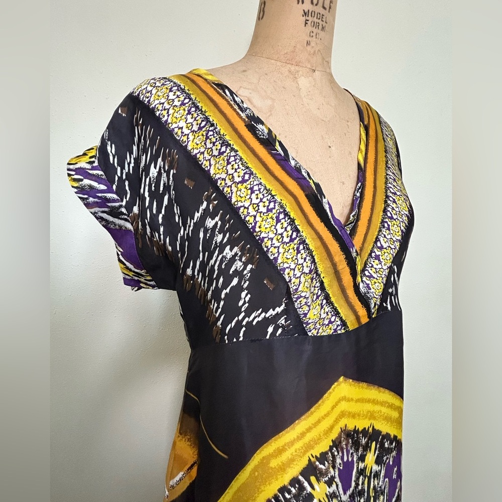 Kenar Dress Women's XL Purple Yellow Tribal Print V-Neck Silk Cap Sleeve Midi - Picture 5 of 9
